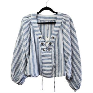 Anthropologie Blue and White Striped Linen Tie Front Sz S Balloon Sleeve